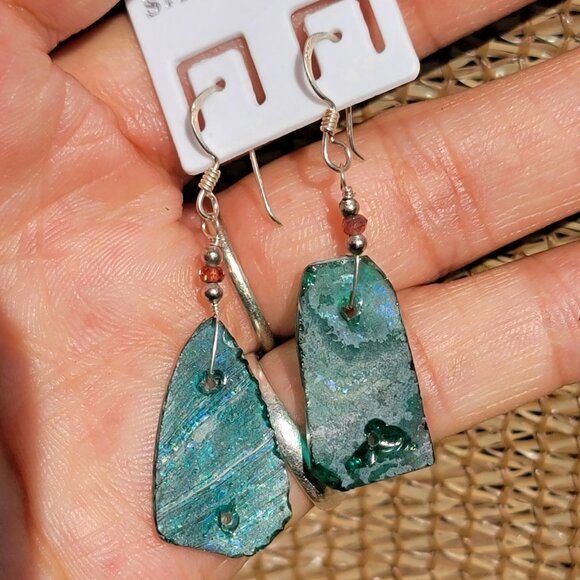 New handmade sterling silver 925 blue green sea glass dangle earrings - Picture 2 of 16